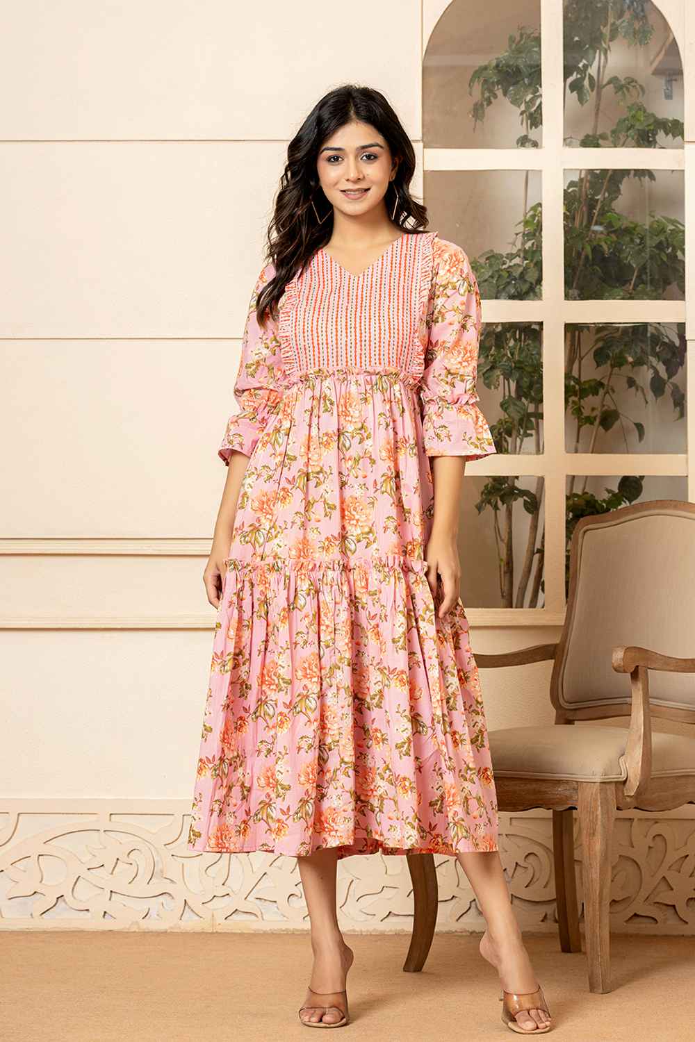 Pink Floral Print Pure Cotton Dress