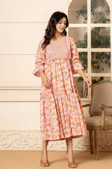 Pink Floral Print Pure Cotton Dress