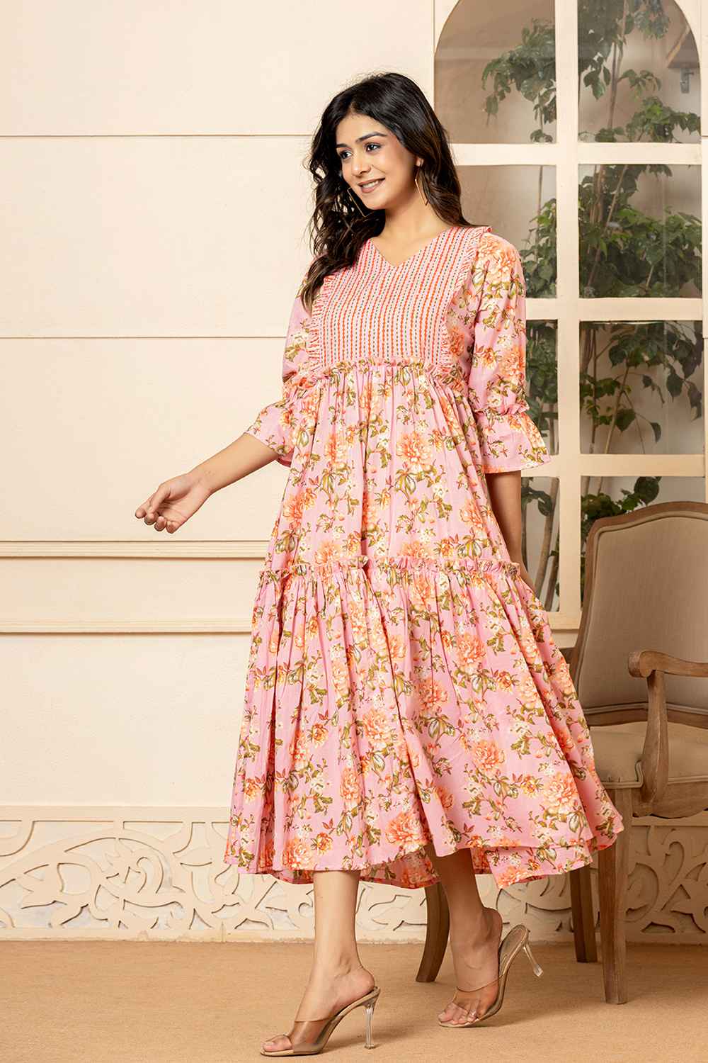 Pink Floral Print Pure Cotton Dress