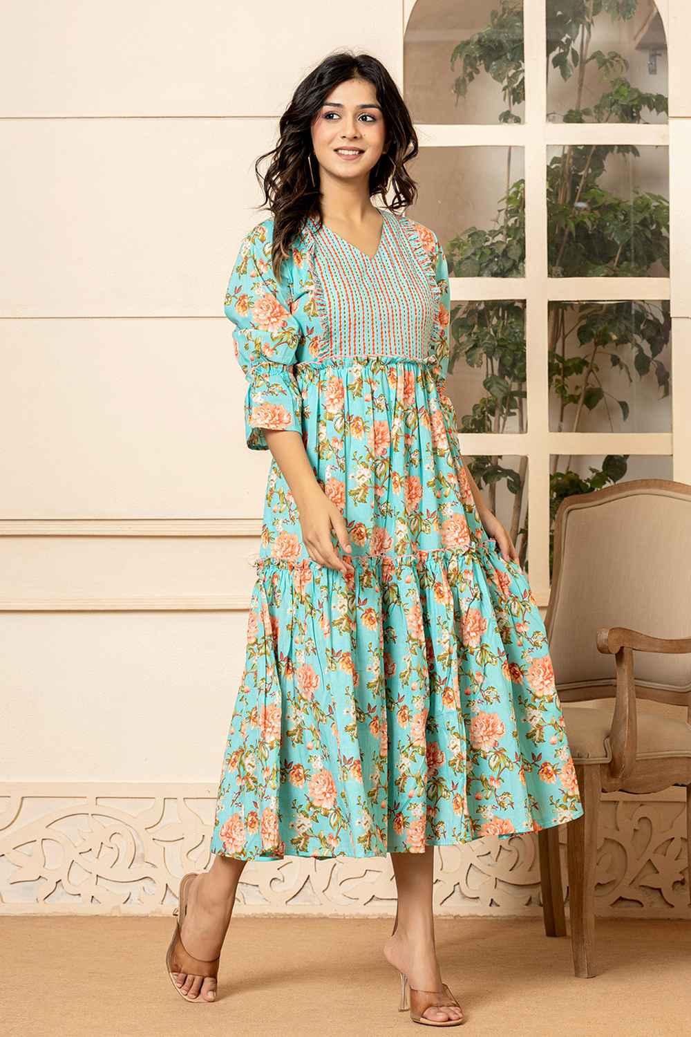 Green Floral Print Pure Cotton Dress