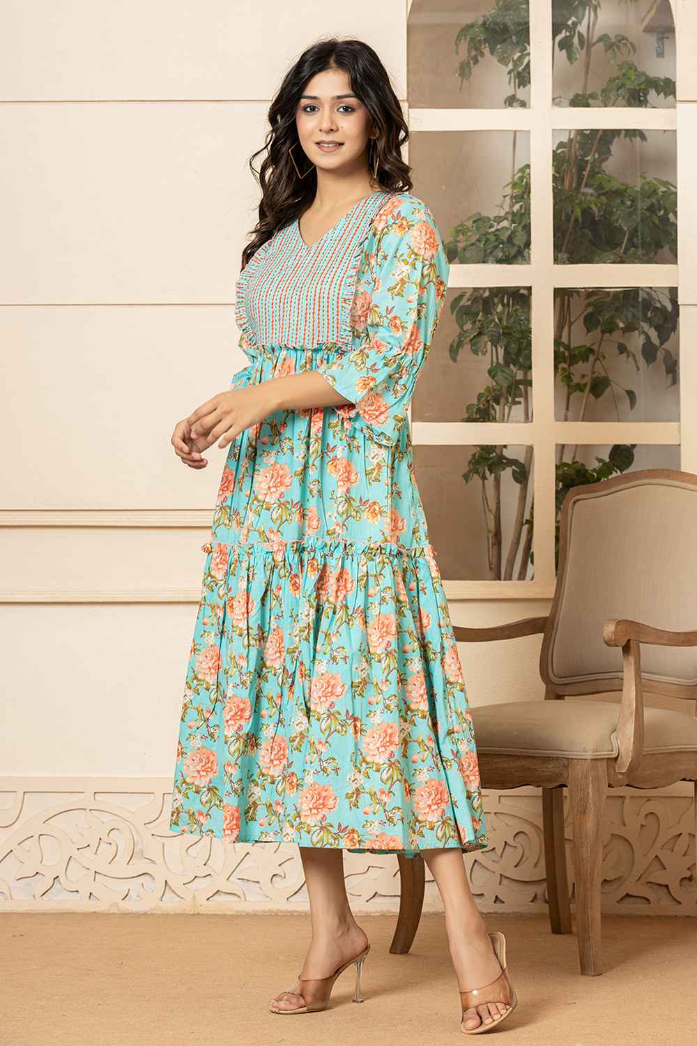 Green Floral Print Pure Cotton Dress