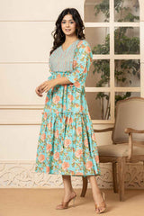 Green Floral Print Pure Cotton Dress