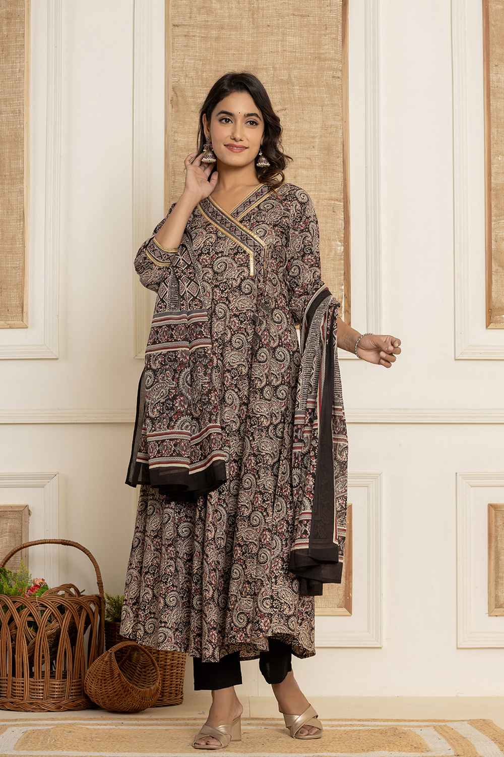 Black Paisley Print Pure Cotton Kurta Set