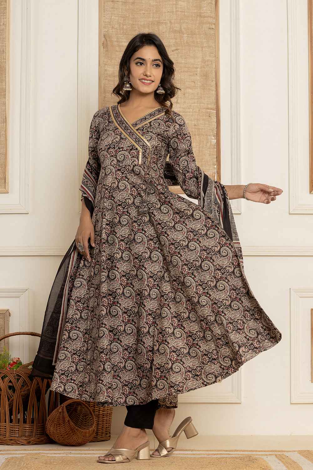 Black Paisley Print Pure Cotton Kurta Set