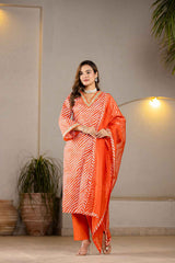 Orange Leheriya Patch Work Pure Cotton Kurti Set