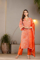 Orange Leheriya Patch Work Pure Cotton Kurti Set