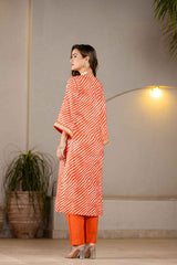 Orange Leheriya Patch Work Pure Cotton Kurti Set