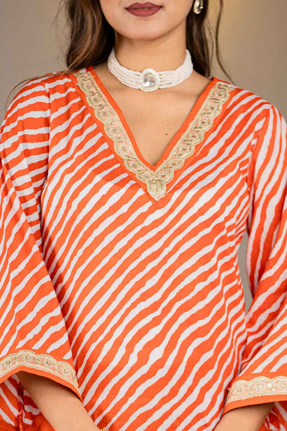 Orange Leheriya Patch Work Pure Cotton Kurti Set