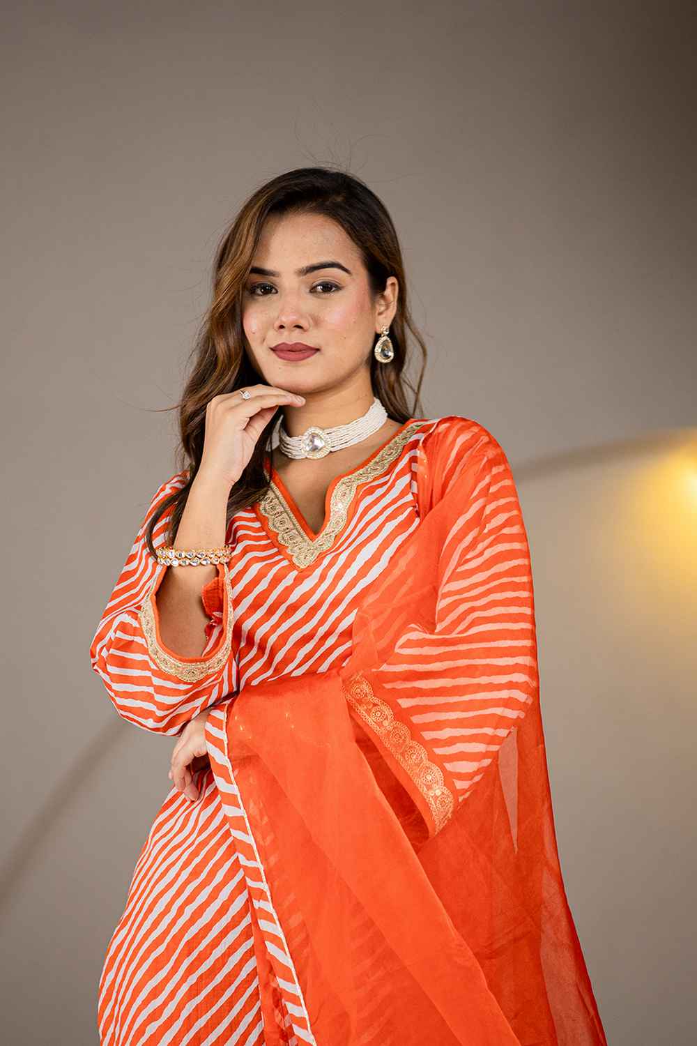 Orange Leheriya Patch Work Pure Cotton Kurta Set