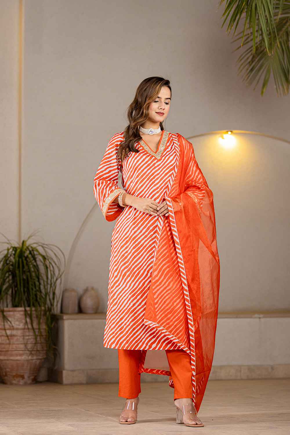 Orange Leheriya Patch Work Pure Cotton Kurti Set