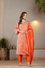 Orange Leheriya Patch Work Pure Cotton Kurta Set