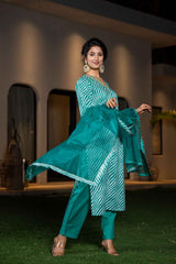 Green Leheriya Patch Work Pure Cotton Kurta Set