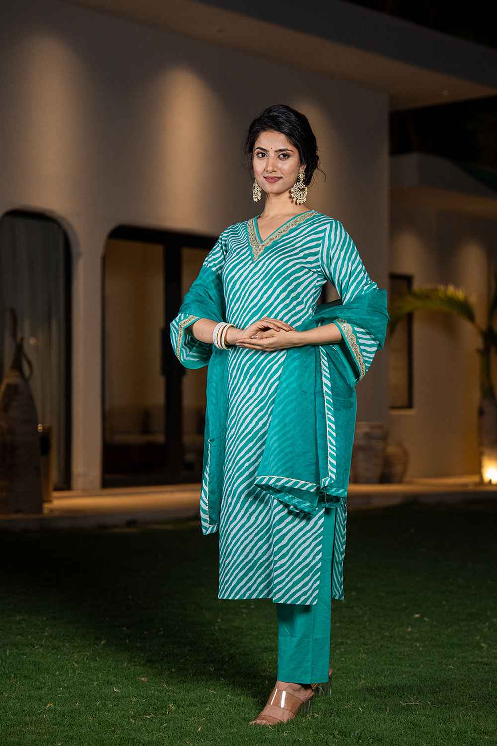 Green Leheriya Patch Work Pure Cotton Kurti Set