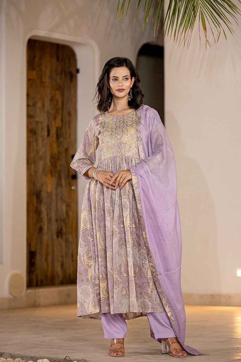 Violet Floral Print Sequins Work Organic Kurta Set