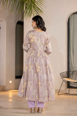 Violet Floral Print Sequins Work Organic Kurta Set