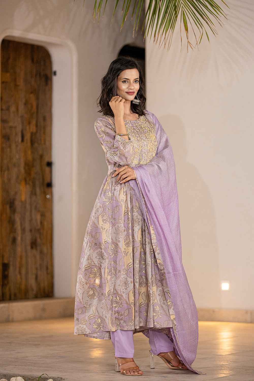 Violet Floral Print Sequins Work Organic Kurta Set