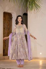 Violet Floral Print Sequins Work Organic Kurta Set