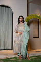 Turquoise Floral Print Sequins Work Organic Kurta Set