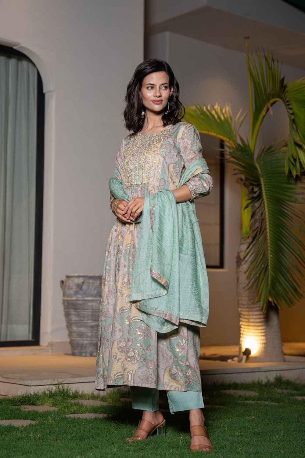 Turquoise Floral Print Sequins Work Organic Kurti Set