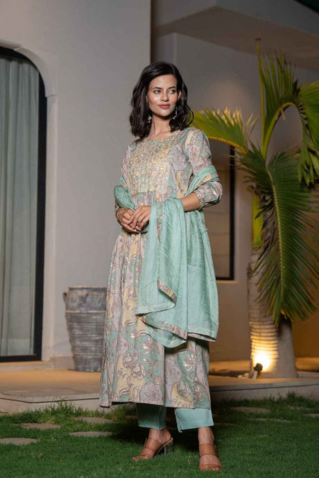 Turquoise Floral Print Sequins Work Organic Kurta Set