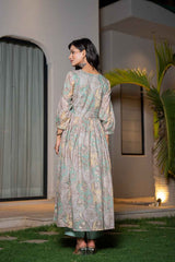 Turquoise Floral Print Sequins Work Organic Kurta Set