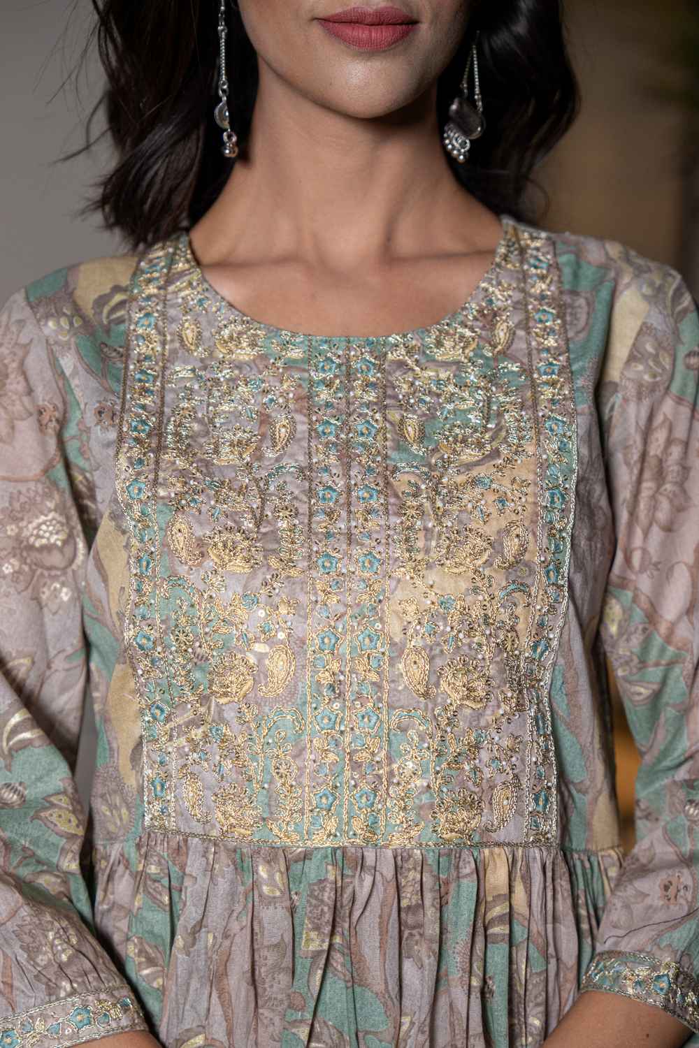 Turquoise Floral Print Sequins Work Organic Kurta Set