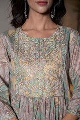 Turquoise Floral Print Sequins Work Organic Kurti Set