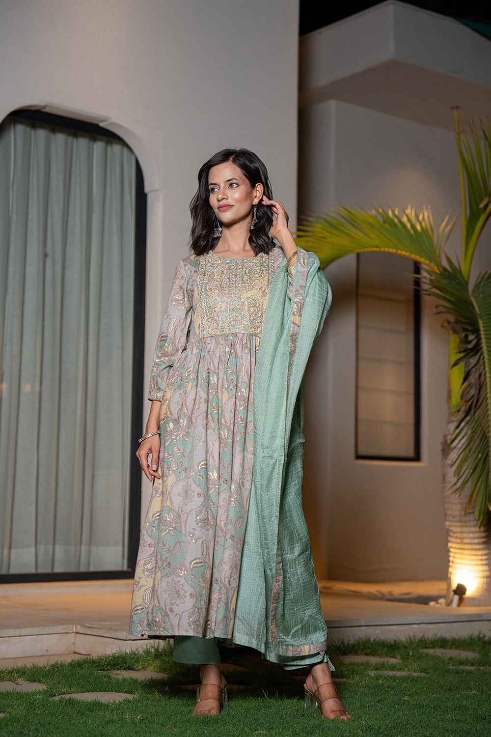 Turquoise Floral Print Sequins Work Organic Kurta Set