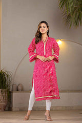 Pink Leheriya Embroidered Pure Cotton Kurti