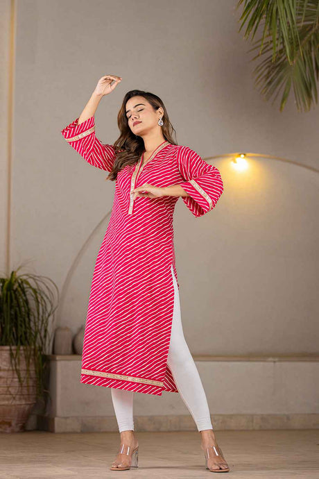 Pink Leheriya Embroidered Pure Cotton Kurti