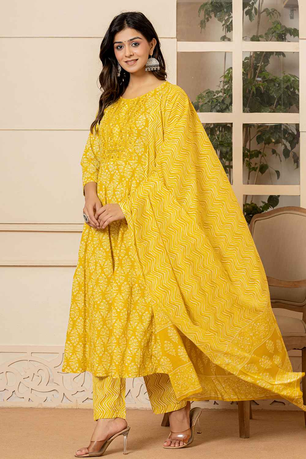 Yellow Ethnic Motifs Sequins Work Pure Cotton Kurta Set