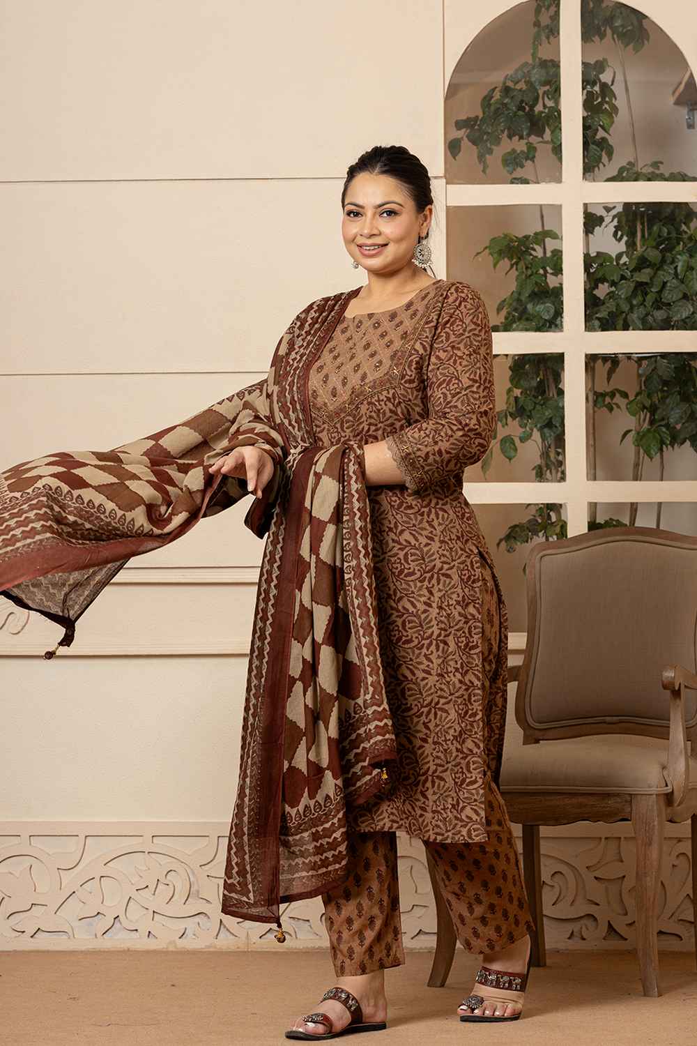 Brown Ethnic Motifs Sequins Work Pure Cotton Kurta Set