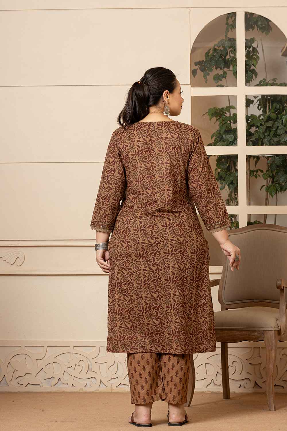 Brown Ethnic Motifs Sequins Work Pure Cotton Kurti Set