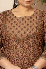 Brown Ethnic Motifs Sequins Work Pure Cotton Kurti Set