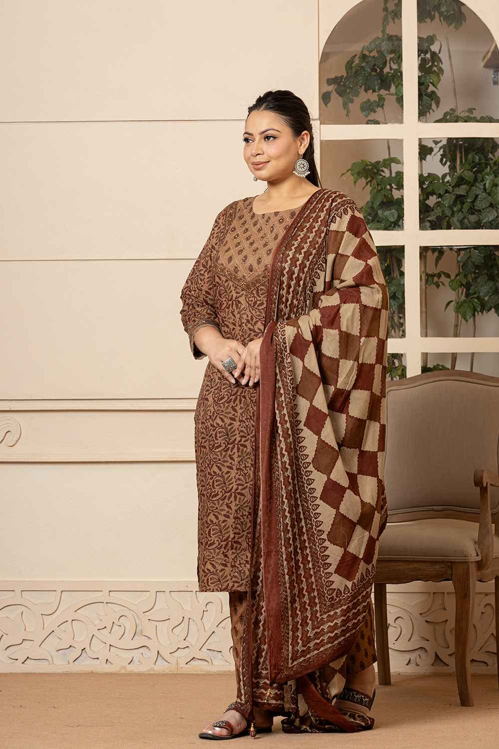 Brown Ethnic Motifs Sequins Work Pure Cotton Kurta Set