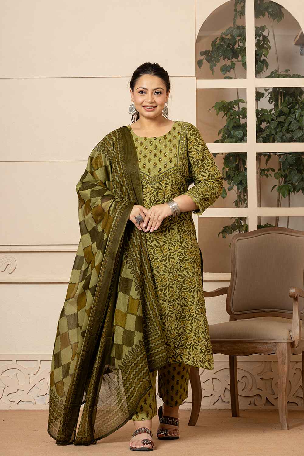 Green Ethnic Motifs Sequins Work Pure Cotton Kurti Set