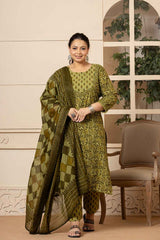 Green Ethnic Motifs Sequins Work Pure Cotton Kurta Set