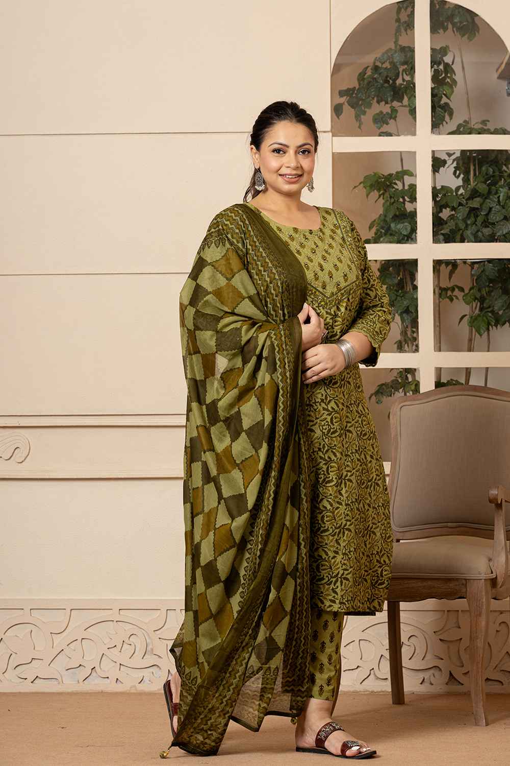 Green Ethnic Motifs Sequins Work Pure Cotton Kurta Set