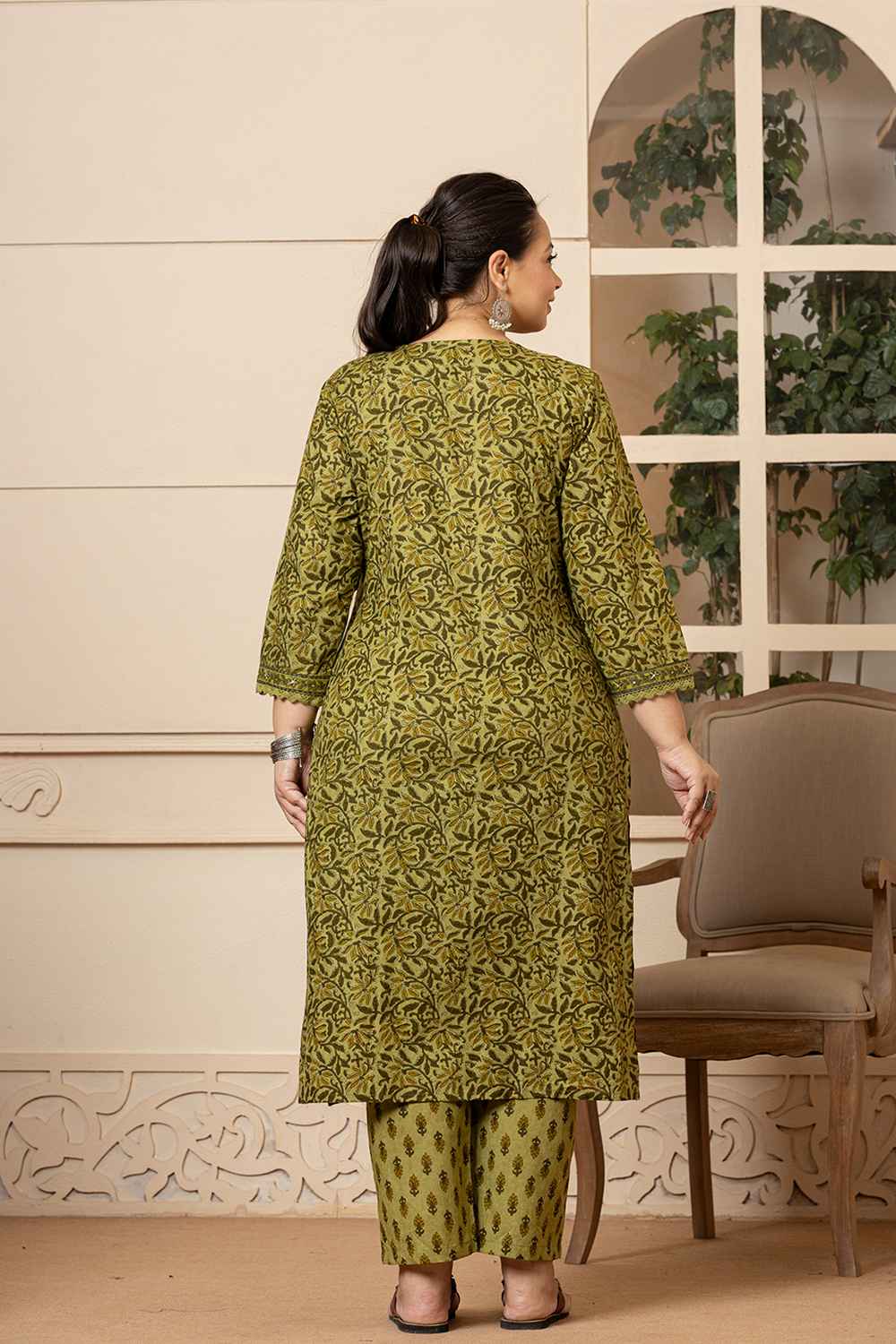 Green Ethnic Motifs Sequins Work Pure Cotton Kurta Set