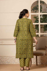 Green Ethnic Motifs Sequins Work Pure Cotton Kurti Set