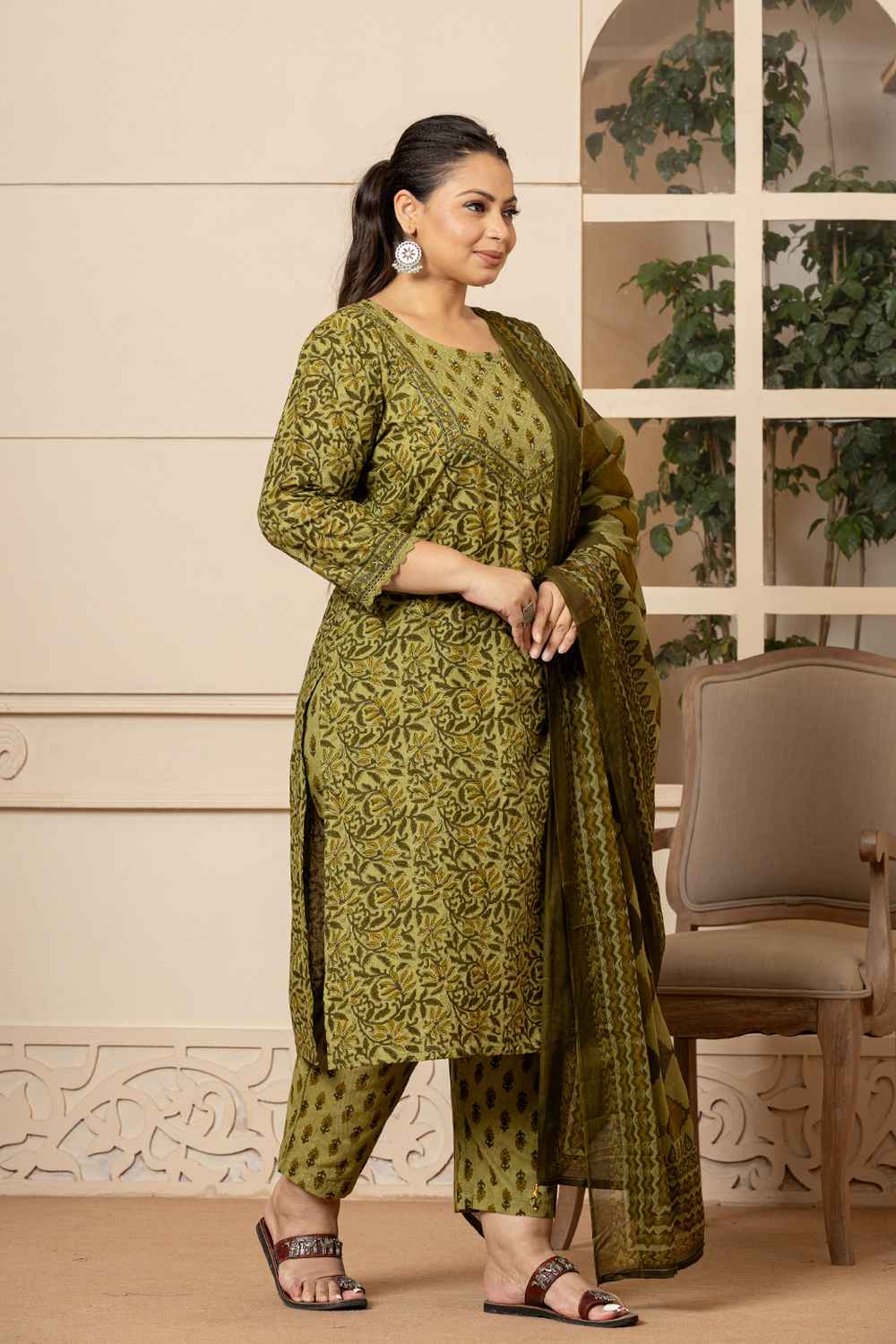 Green Ethnic Motifs Sequins Work Pure Cotton Kurta Set