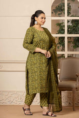 Green Ethnic Motifs Sequins Work Pure Cotton Kurti Set