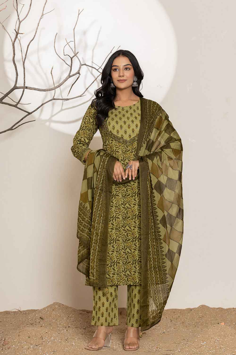 Green Gometric Print Sequins Work Pure Cotton Kurti Set