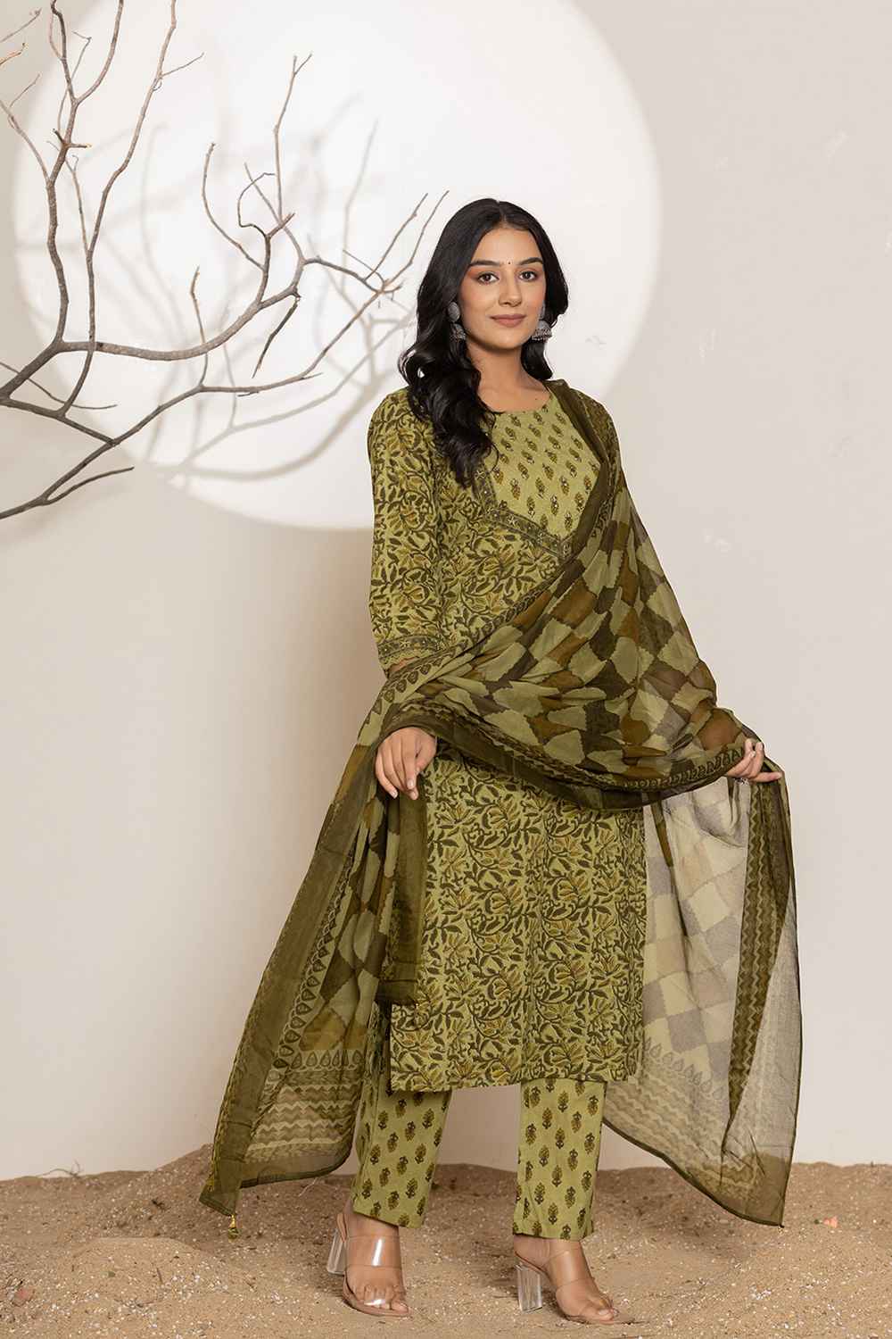 Green Gometric Print Sequins Work Pure Cotton Kurti Set