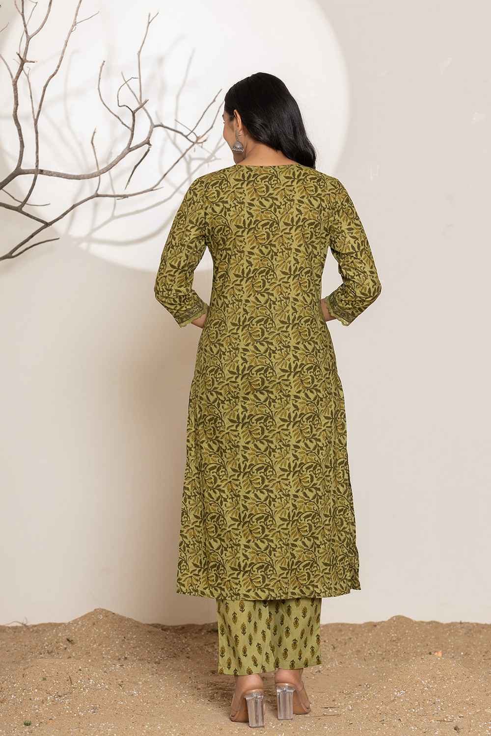 Green Gometric Print Sequins Work Pure Cotton Kurta Set