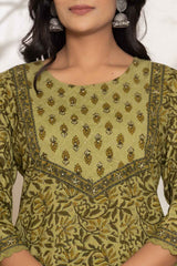 Green Gometric Print Sequins Work Pure Cotton Kurta Set