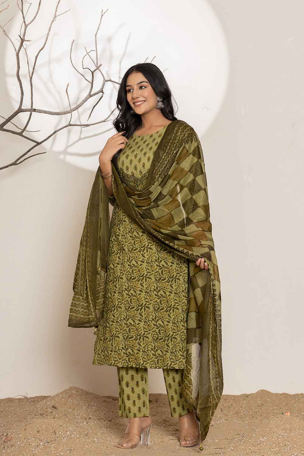 Green Gometric Print Sequins Work Pure Cotton Kurta Set