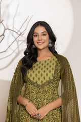 Green Gometric Print Sequins Work Pure Cotton Kurta Set