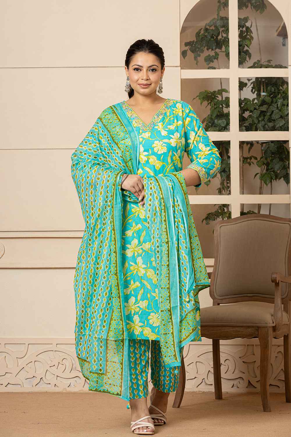 Green Floral Print Pure Cotton Kurta Set