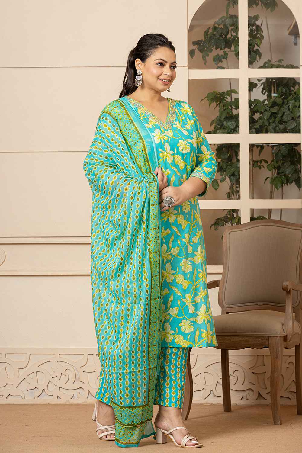 Green Floral Print Pure Cotton Kurta Set